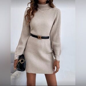 Elegant Cream Ribbed Turtleneck Dress